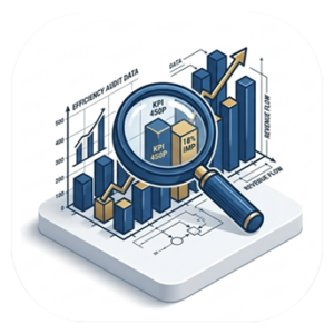 Isometric illustration of a magnifying glass analyzing data charts and KPIs for cement plant operational audits.