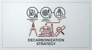 Industrial infographic showing decarbonization pillars for cement plants: Alternative Fuels, Energy Efficiency, and CCUS (Carbon Capture) integrated with technical engineering tools.