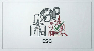 Industrial ESG infographic showing a global globe, silos, heat exchange equipment, and a green checkmark for environmental sustainability and social governance in cement production.