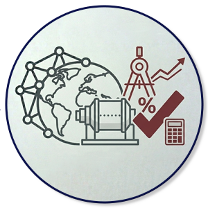 Industrial infographic illustrating environmental and regulatory compliance with a globe, ball mill machinery, percentage symbols, and a calculator for ESG data tracking.