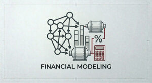 Technical financial icon showing a data network, industrial ball mills, percentage growth charts, and a calculator for cement plant ROI and CAPEX modeling.