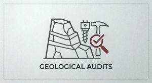 Technical icon of a rock formation with geological tools including a core drill, geological hammer, and a magnifying glass with a checkmark for site audit validation.