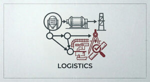 Industrial line art showing a cement plant integrated with financial growth charts, technical compass, and a 'CERT' seal representing project bankability.