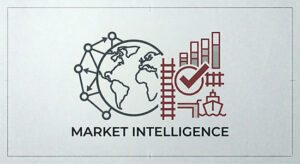 Global market intelligence icon showing a world map network, supply chain rail and shipping symbols, and growth bar charts with a verification checkmark.