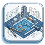 Technical isometric illustration showing a 3D cement plant model on a blueprint with engineering tools like a compass and digital caliper.