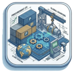 Isometric technical illustration featuring shipping containers, a global globe, logistics machinery, and gears representing industrial procurement and supply chain management.