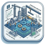 Technical isometric illustration of a construction site with a crane, structural erection, and industrial gears, representing the execution phase of a cement facility.
