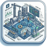 Technical isometric illustration depicting plant operations with data monitors, gears, maintenance staff icons, and spare parts inventory management.