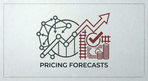 Industrial data infographic showing a rising growth arrow, currency symbols, stacked coins, and a verification checkmark for cement market pricing forecasts.