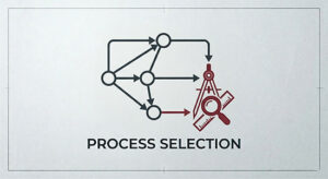 Industrial flowchart icon showing a process network linked to engineering measurement tools like a compass, ruler, and magnifying glass for technical validation.