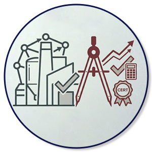 Line art illustration of cement plant infrastructure with technical measurement tools and financial growth arrows on a document.