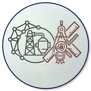 Technical illustration of a limestone quarry and industrial site protected by security symbols, including a shield, magnifying glass, and certification seal.