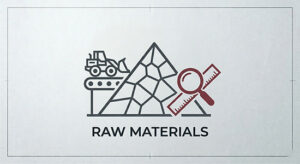 Industrial line icon showing a front loader, conveyor belt, and limestone pile with a magnifying glass and ruler for raw material quality analysis.