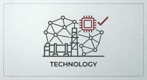 Technical icon featuring a cement plant structure integrated with a digital network grid and a microprocessor chip with a checkmark, representing industrial technology selection.