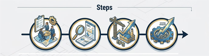 A four-step industrial process diagram showing Consult, Analyze, Execute, and Optimize stages with corresponding technical icons.