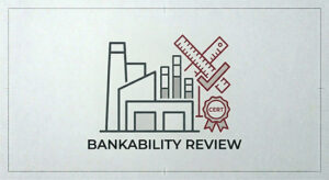 Technical line icon of a cement plant facility alongside a ruler, checkmark, and 'CERT' stamp representing the final independent bankability review process.
