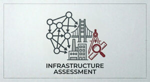 Technical line icon of industrial buildings and a suspension bridge linked to a digital network and engineering tools like a compass and magnifying glass for site infrastructure auditing.