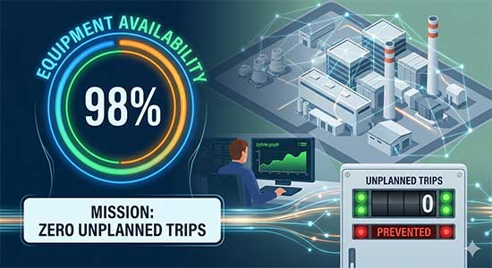Digital dashboard showing 98% equipment availability and zero unplanned trips for a captive power plant managed by CEM Power O&M services.