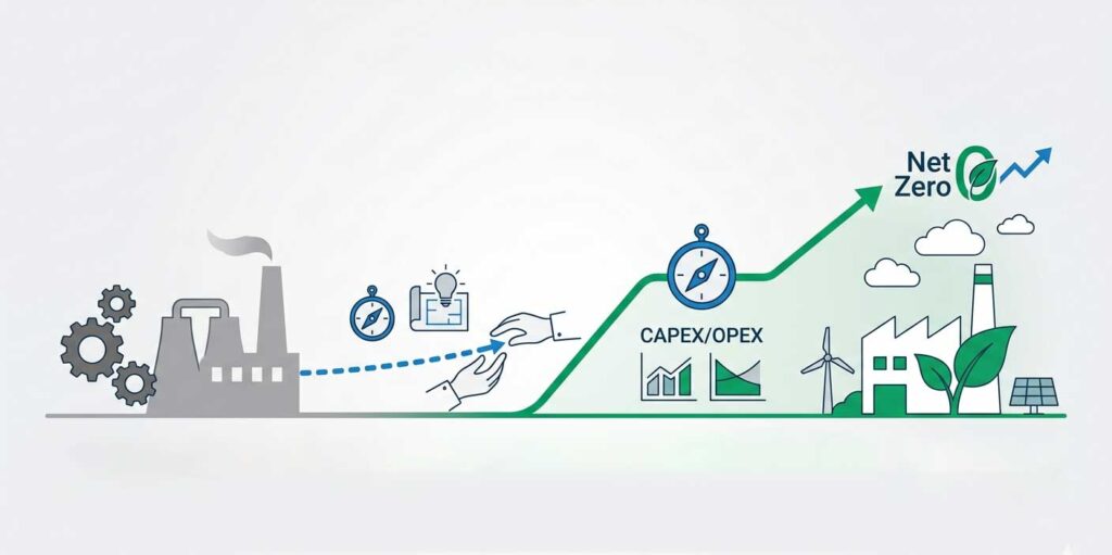 An infographic illustrating the CEM Power ESG roadmap from industrial operations to Net Zero through CAPEX and OPEX integration.