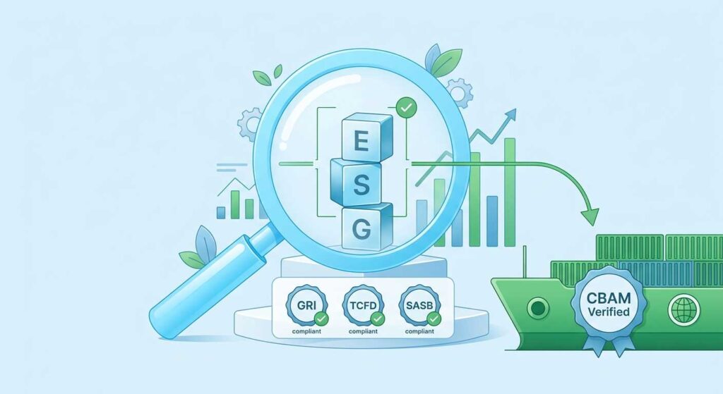 Infographic showing forensic ESG audit and reporting services featuring GRI, TCFD, SASB compliance, and CBAM verification for international trade.