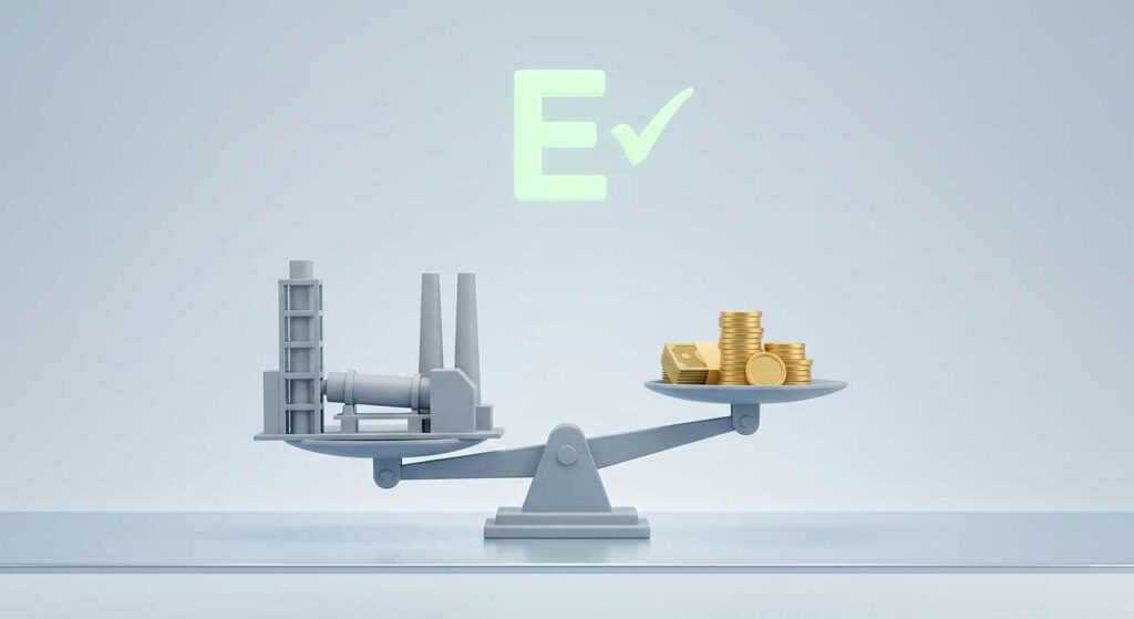 A 3D conceptual graphic showing a balance scale with an industrial plant on one side and gold coins on the other, representing ESG due diligence in M&A.
