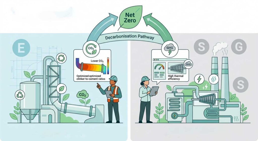 Infographic illustrating specialized ESG services for cement and power plants, featuring optimized clinker-to-cement ratios and high thermal efficiency for decarbonisation.