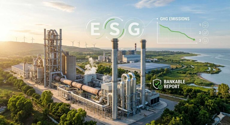 Professional ESG consultant overlooking a sustainable cement plant integrated with green energy technology and carbon capture systems.