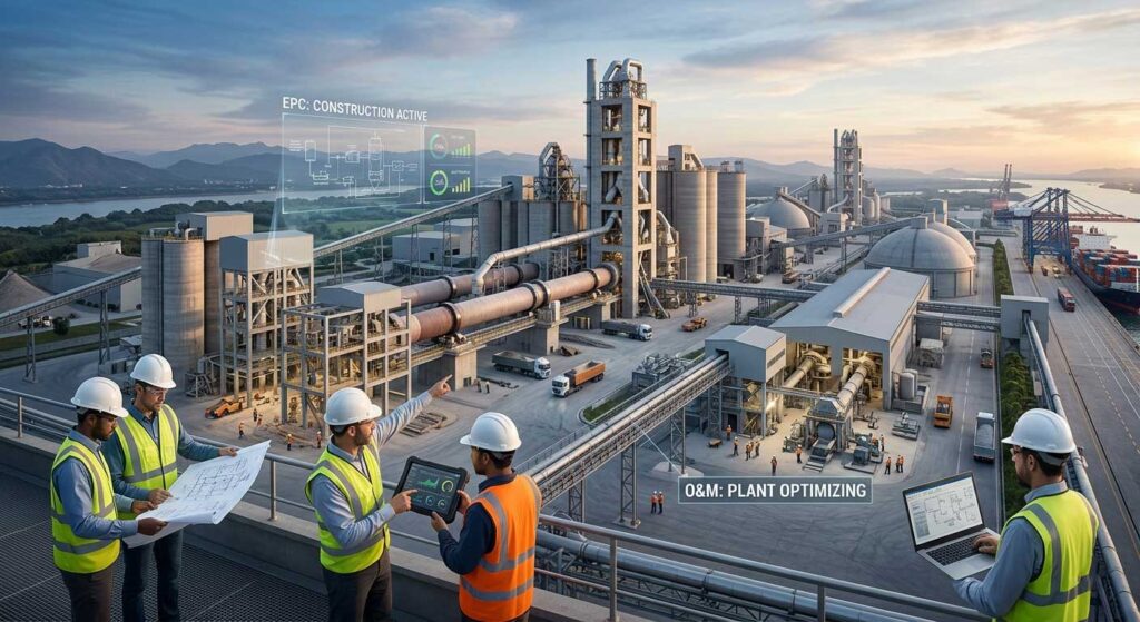 Integrated EPC and O&M engineering team on a viewing platform overlooking a massive, modern cement plant facility at twilight, displaying global expert status.