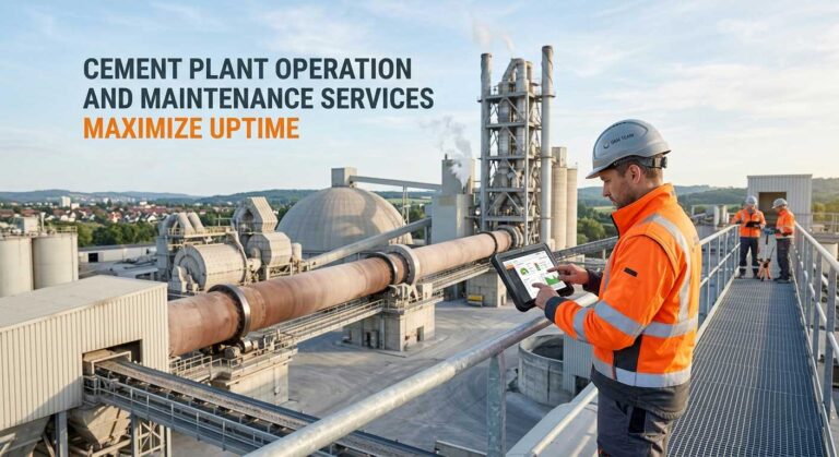 Cement plant operation and maintenance technician on an elevated platform monitoring live kiln performance data on a rugged tablet to maximize uptime.