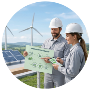 Two engineers in hard hats reviewing renewable energy schematics on a platform overlooking solar panels and wind turbines, with a sign reading 'Sustainability and Emissions Advantage.'