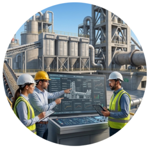 Professional implementation support for cement plants featuring engineers monitoring a rotary kiln and WHR system.
