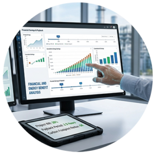 Digital dashboard comparing Steam Turbine and Organic Rankine Cycle (ORC) Waste Heat Recovery technologies, showing optimized data for exhaust temperature, 31% efficiency, and 22% ROI, alongside financial savings charts.