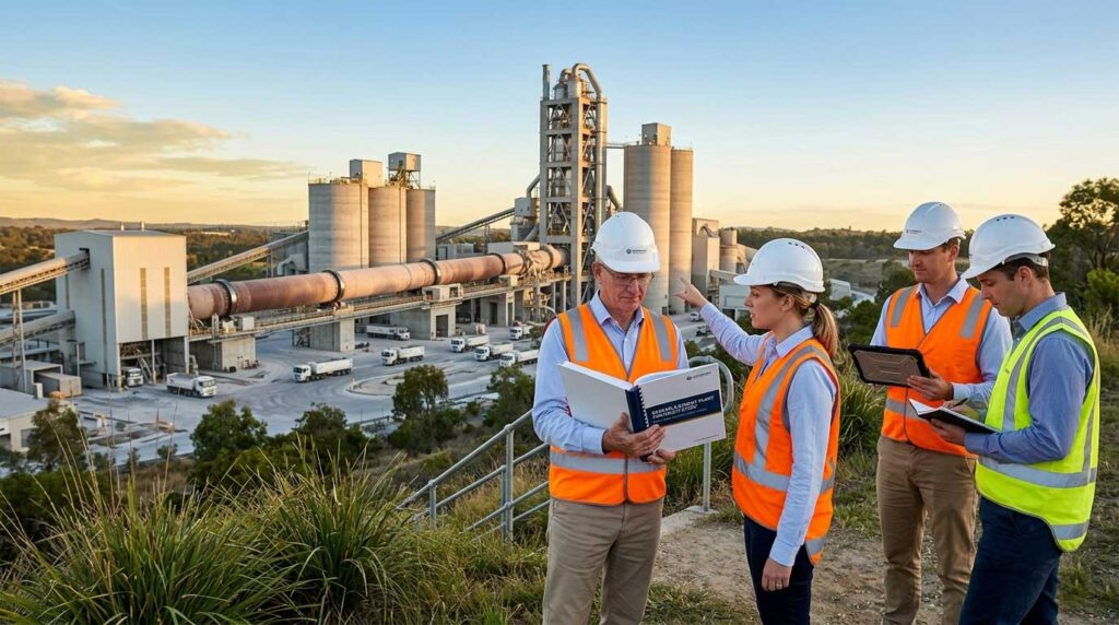 Expert consultancy team in safety gear reviewing a technical report at a modern cement plant during a bankable feasibility study site visit.