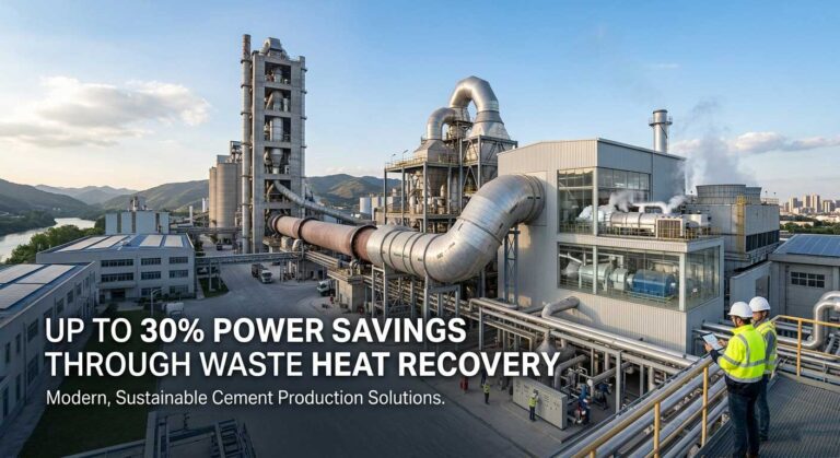 A large-scale cement manufacturing plant utilizing Waste Heat Recovery (WHR) technology for industrial energy efficiency and up to 30% power savings.