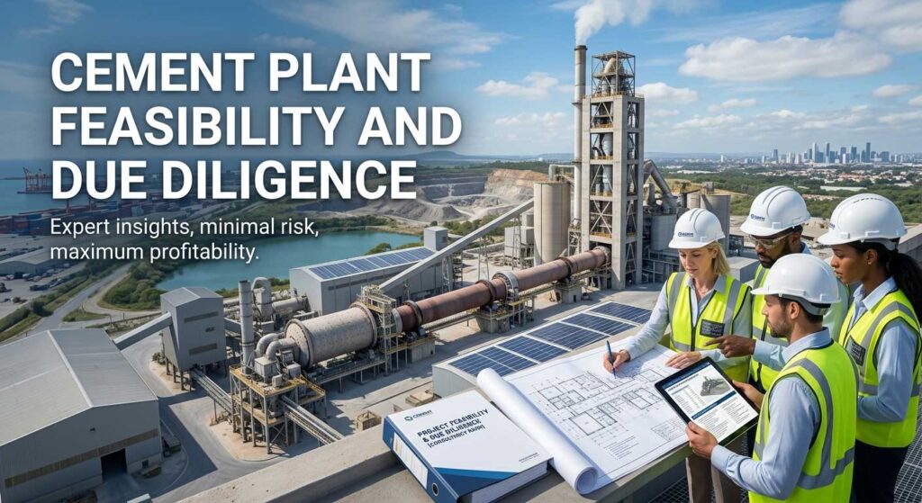 Expert consultancy team reviewing blueprints and technical data for a cement plant feasibility study and industrial due diligence project.