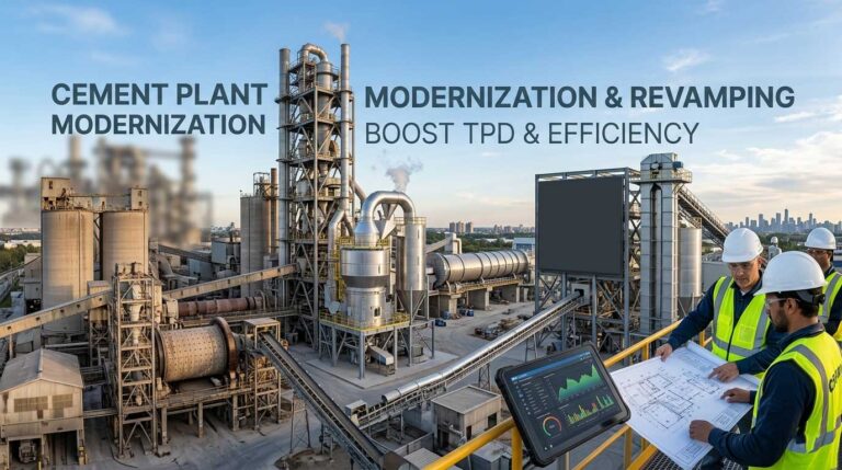 Modernized cement plant facility with integrated vertical roller mills and upgraded preheater structures, representing revamping to boost TPD and efficiency.