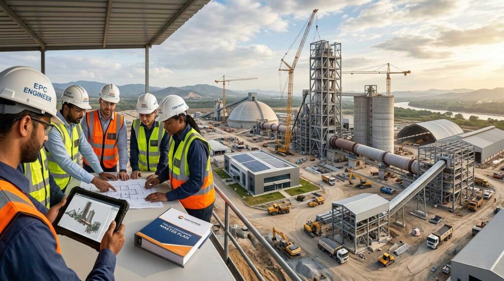 Integrated EPC engineering and consultancy team reviewing structural blueprints at a massive cement plant construction site during late afternoon.