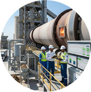 A team of three engineers in safety gear conducting a maintenance review on a large industrial cement kiln gantry.
