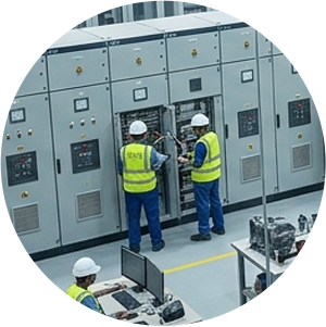 Electrical and control engineering for a cement plant at CEM POWER, featuring PLC SCADA monitoring, MCC panel design, and instrumentation testing with a view of a running plant.
