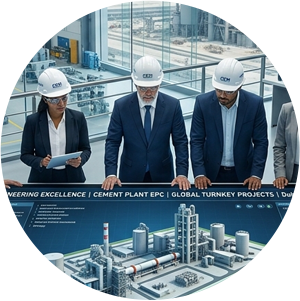 CEM POWER engineering team in Dubai reviewing a 3D plant layout optimization and precision process design for a global turnkey cement plant project.