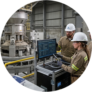 CEM POWER procurement team performing technical calibration and logic verification for a newly sourced vertical raw mill and automation system at a cement plant.