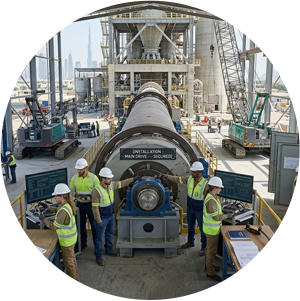 CEM POWER site engineers managing mechanical installation of a rotary kiln and electrical commissioning of control panels during a cement plant construction project.
