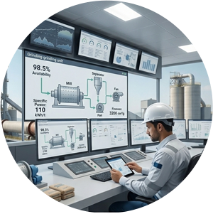 Engineer optimizing cement grinding circuit and specific power consumption in a plant control room.