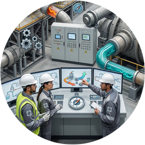 Photorealistic live image of engineers optimizing a modern cement plant process control room with rotary kiln and ball mill, focusing on efficiency and revamping.
