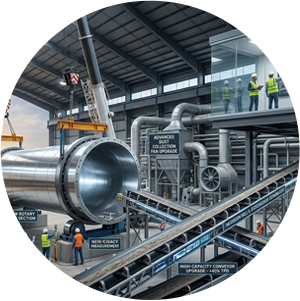Live-action cement plant mechanical upgrade showing massive rotary kiln installation, conveyors, and ball mill, with engineers optimizing performance for +25% efficiency.
