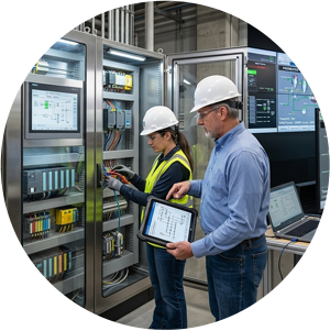 Electrical and automation modernization in a cement plant featuring a control engineer at a PLC panel and a SCADA console monitor with Waste Heat Recovery data.