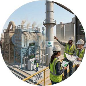Real-world photograph of engineers verifying environmental compliance upgrades and waste-to-energy integration at a large cement plant using a tablet and blueprint.