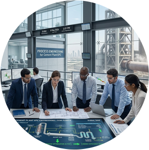 A diverse team of engineers at CEM POWER in Dubai collaborates on process engineering for a cement plant EPC, using a large interactive pyro-process design simulation and mass balance studies, with a view of a running rotary kiln in the background.