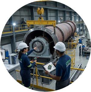 CEM POWER engineers performing mechanical design and assembly verification for cement plant equipment, including kiln rotary parts, VRM sizing, and conveyor systems.