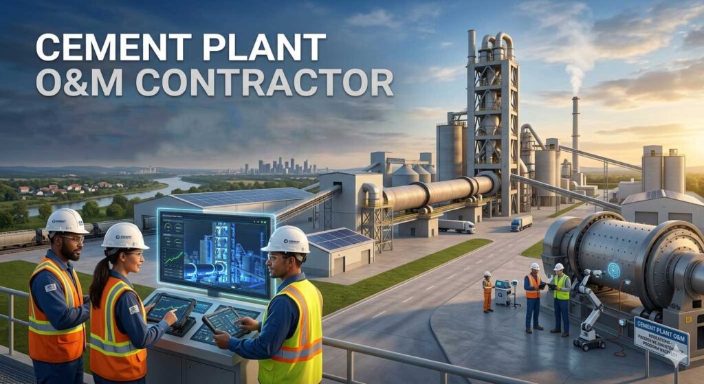 Cement plant O&M contractor team monitoring digital control systems to ensure a guaranteed 98% plant uptime through predictive maintenance.